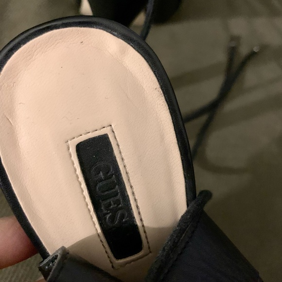 GUESS Black Leather SHOES Sandals 8.5 Stiletto Heel, Open Toe, Back Lace-up - Picture 11 of 12